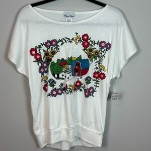Vintage 90's Deadstock Scoop Neck Embroidered Cottagecore Graphic Tee Womens MED